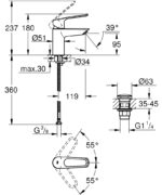 Grohe Eurosmart Mosdócsaptelep Nyitott Kezelőkarral, S-es Méret Click-Clack leeresztővel (23980003) - Image 4