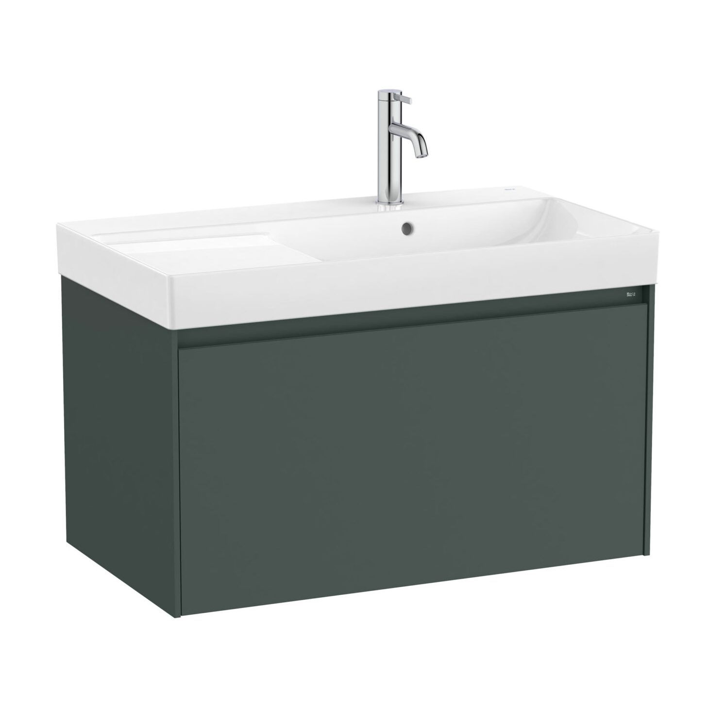 A851719513-scaled-1.jpg Roca Ona bútor asszimetrikus jobbos mosdóval 80x46cm, 1 fiókkal - matt zöld (a851719513) - Image 1