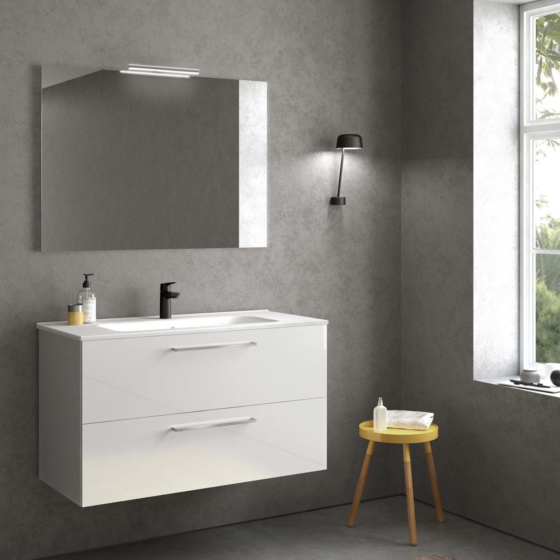 EASY_100 2C_Blanco_Slim Bannio Easy 100-as fürdőszobabútor fali- fényes fehér színben- Kyra mosdóval (72021-k) - Image 1