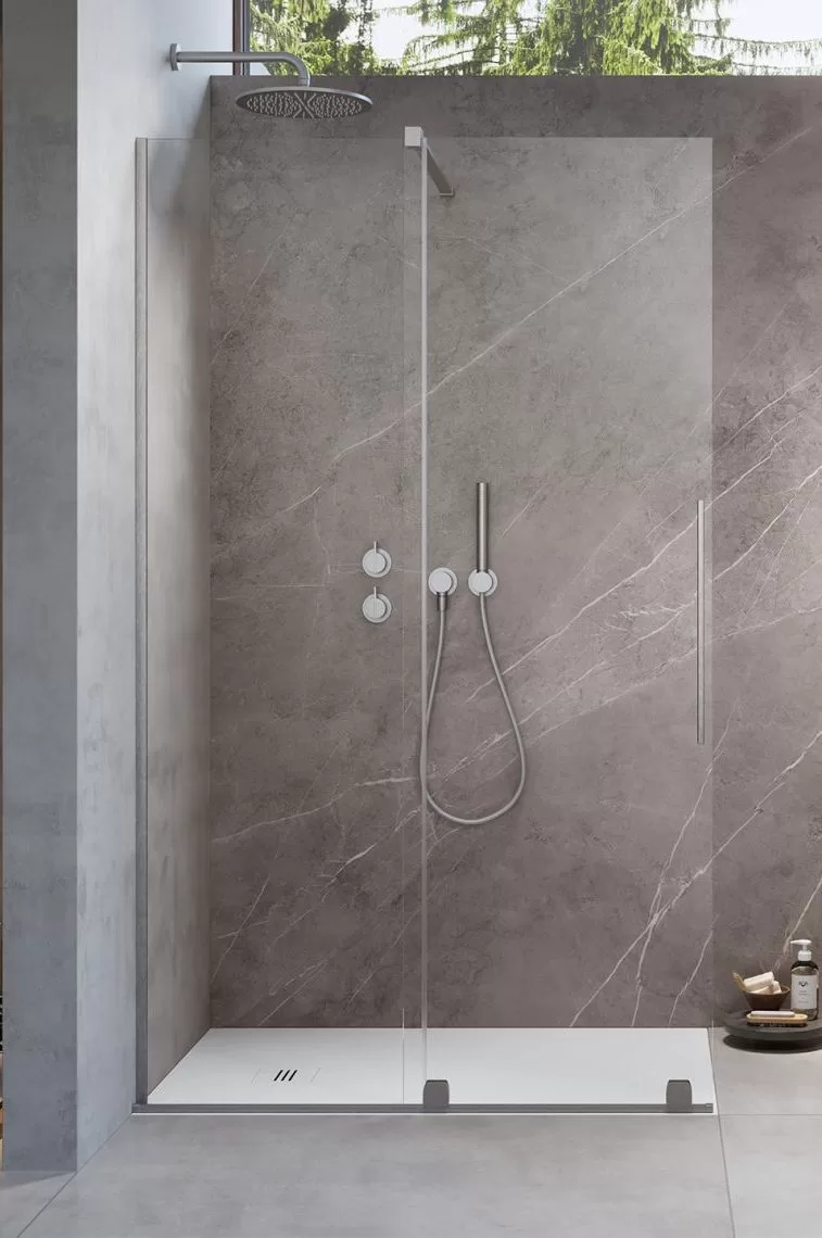 Radaway-Furo-Brushed-Nickel-Walk-in-kadr-757x1140_bal-jpg.webp Radaway Furo Walk-in Zuhanyfal Tolóajtóval Balos, Átlátszó Üveggel, Szálcsiszolt Nikkel színű profillal, - 90 (10106488-91-01L) - Image 1