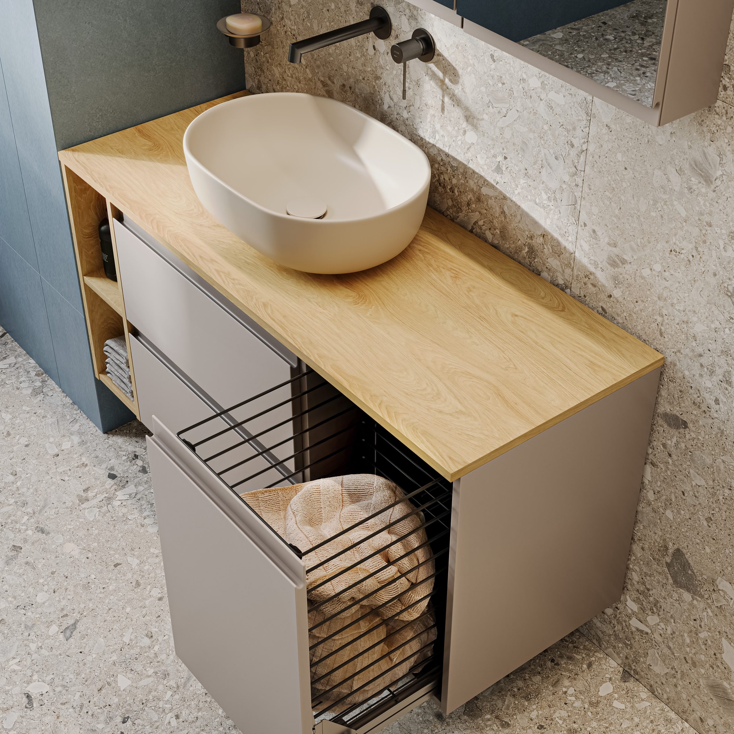 MODUO_CASHMERE_BATHROOM_LARGE_1_SP1 Cersanit Moduo 120x45 fürdőszoba szett, mosdó nélkül - kasmír és hikori tölgy színben - Image 1