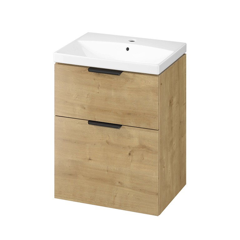 s4004-134_set_c752_city_60_washbasin_cabinet_oak_dsm_with_black_mat_handle_with_city_60_furniture_washbasin,qnuMpq2lq3GXrsaOZ6Q Cersanit City alsószekrény mosdóval 60x45 cm - tölgy színben - Image 1